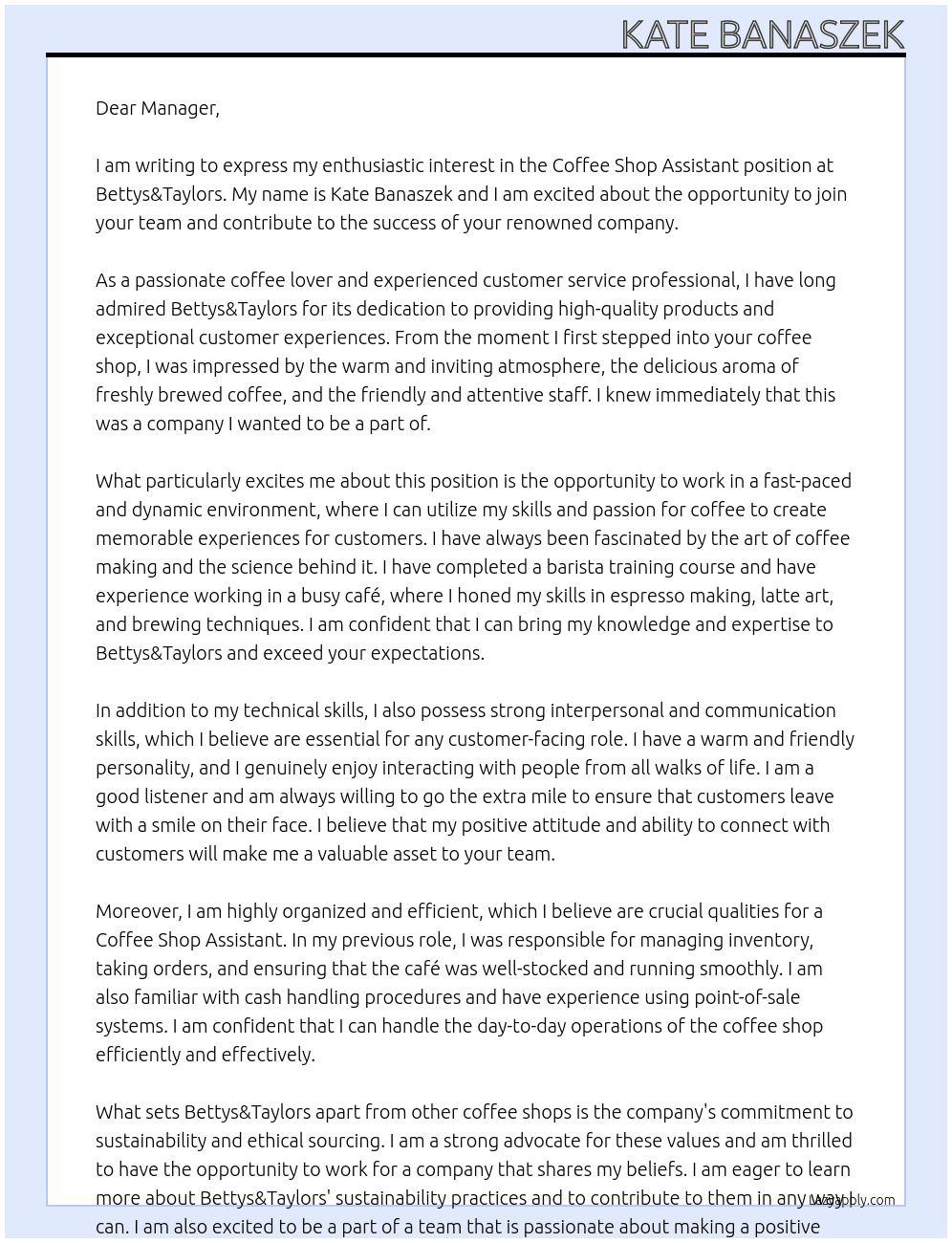 Coffee Shop Assistant At Bettys&Taylors Cover Letter