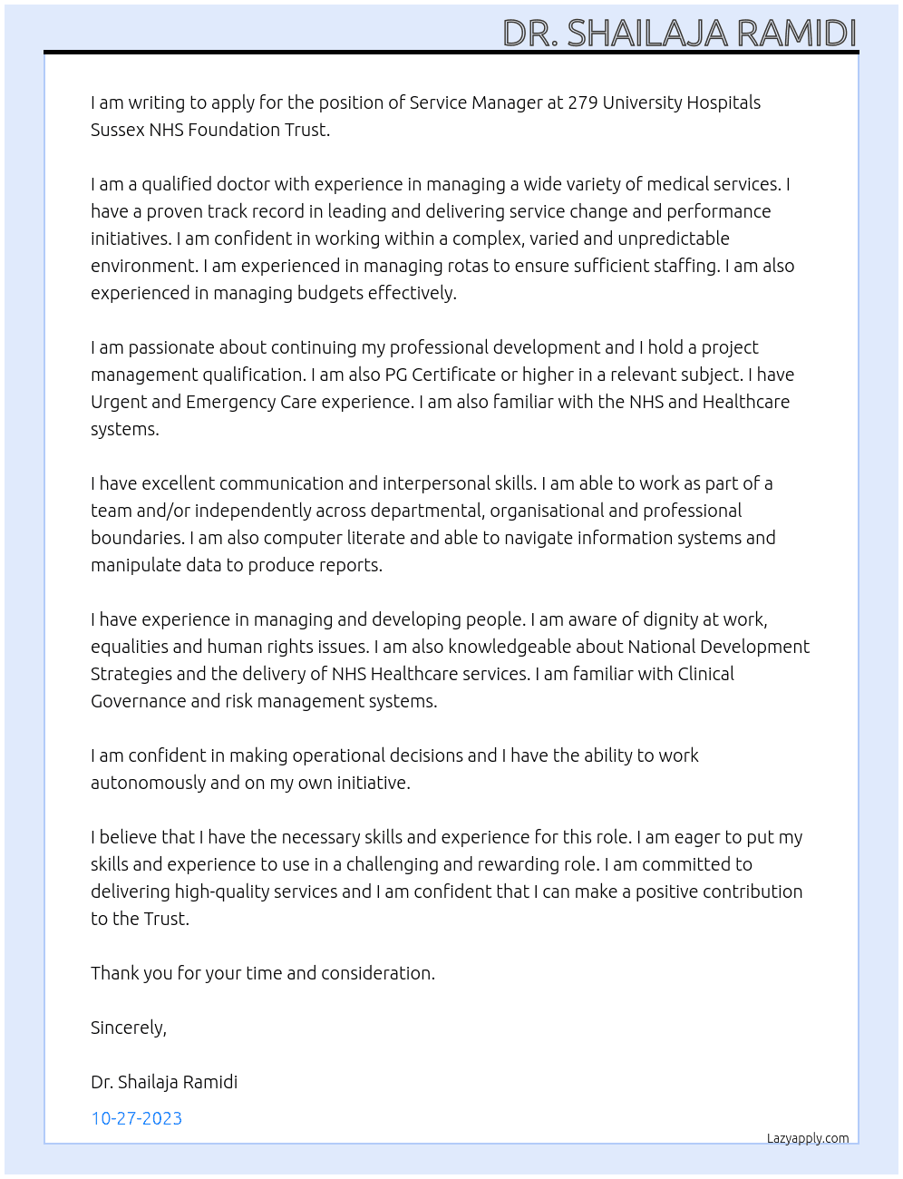 Service Manager At 279 University Hospitals Sussex NHS Foundation Trust Cover Letter
