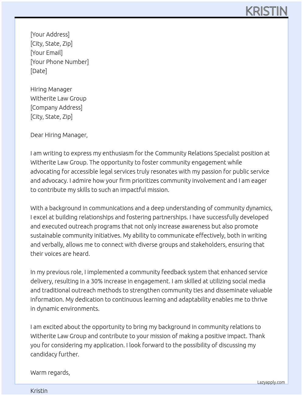 Community Relations Specialist At Witherite Law Group Cover Letter