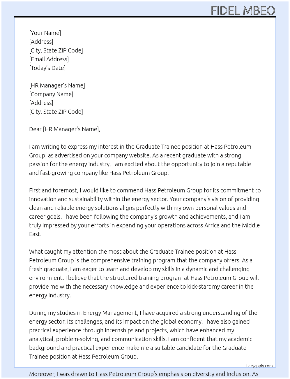 Graduate trainee At Hass Petroleum Group Cover Letter