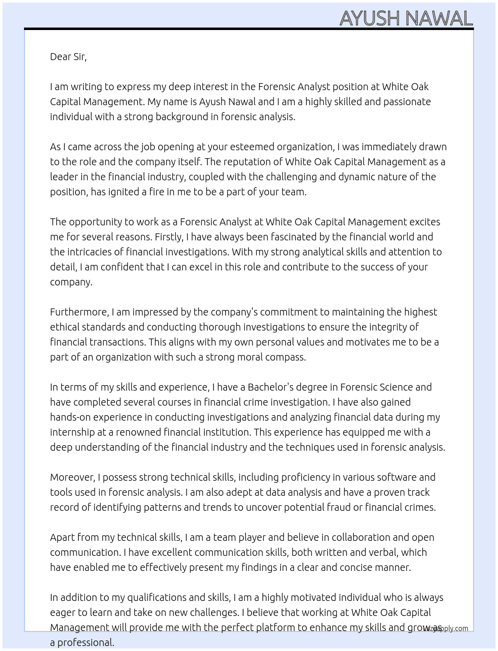  Forensic Analyst At White Oak Capital Management Cover Letter