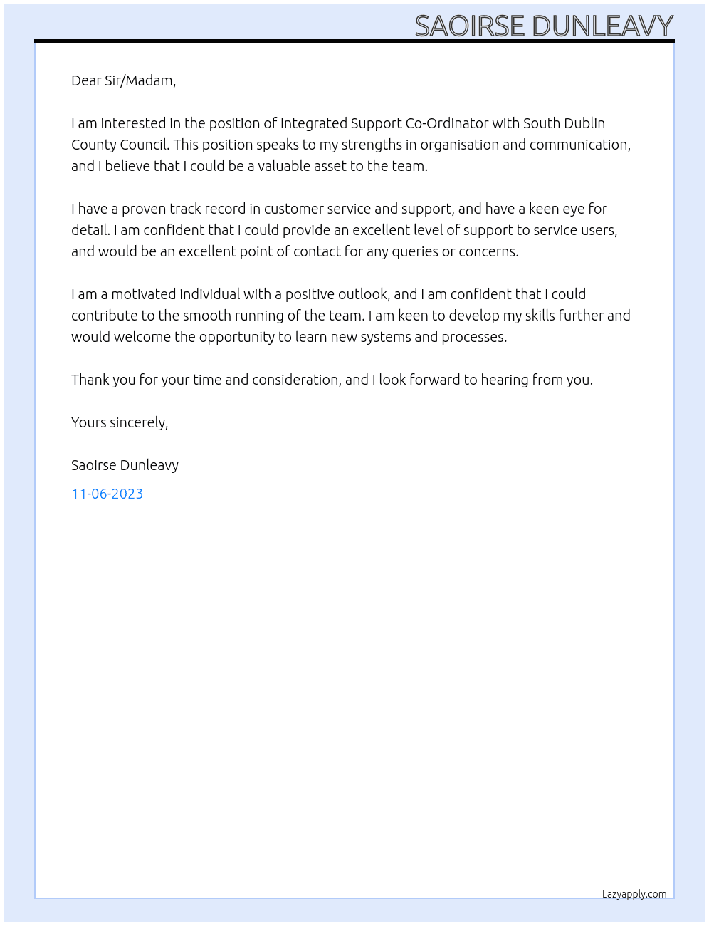 Integrated Support Co-Ordinator At South Dublin County Council Cover Letter