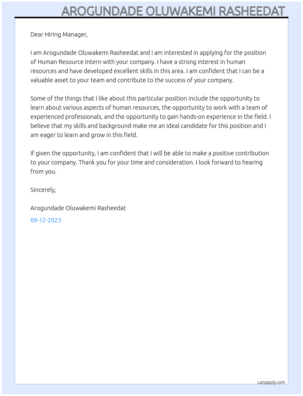 Human Resource Intern At Human Resource Intern Cover Letter
