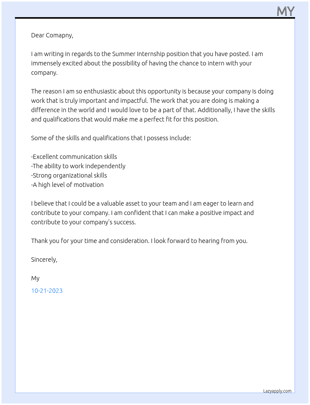 Summer Internship At Comapny Cover Letter