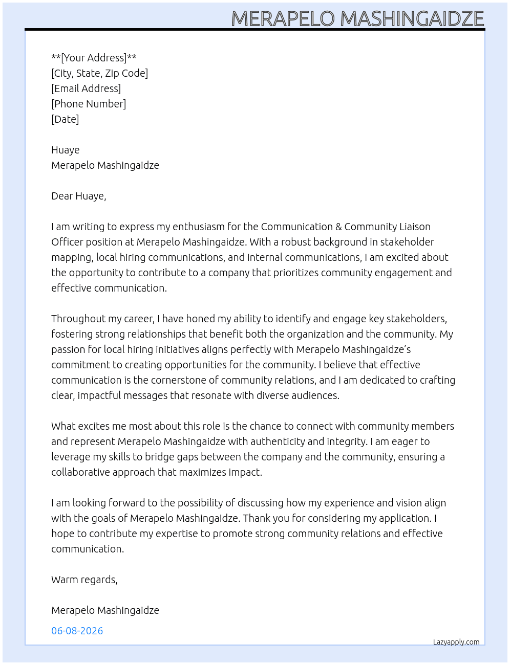 Communication & Community Liaison Officer At Merapelo Mashingaidze Cover Letter