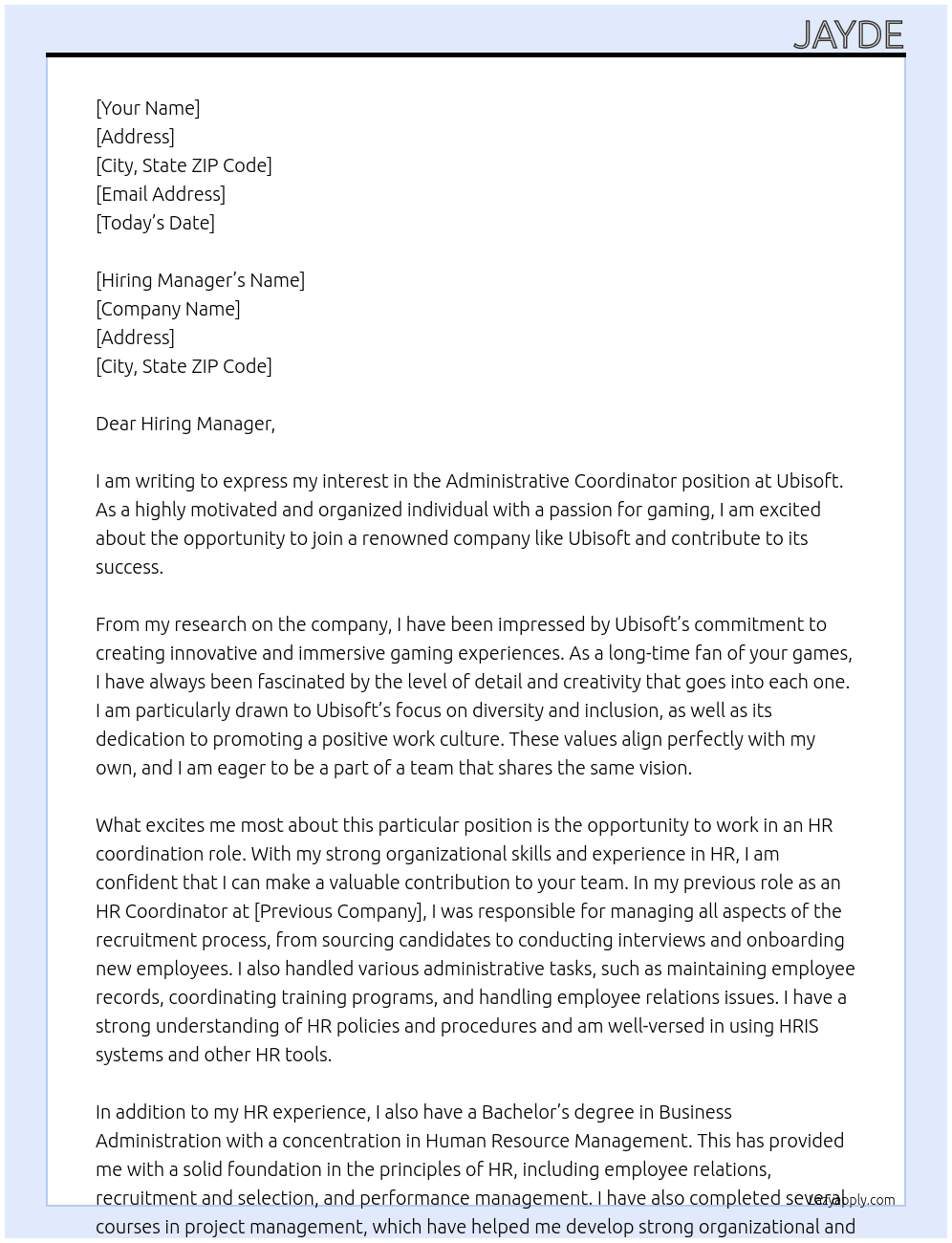 Administrative Coordinator At Ubisoft Cover Letter