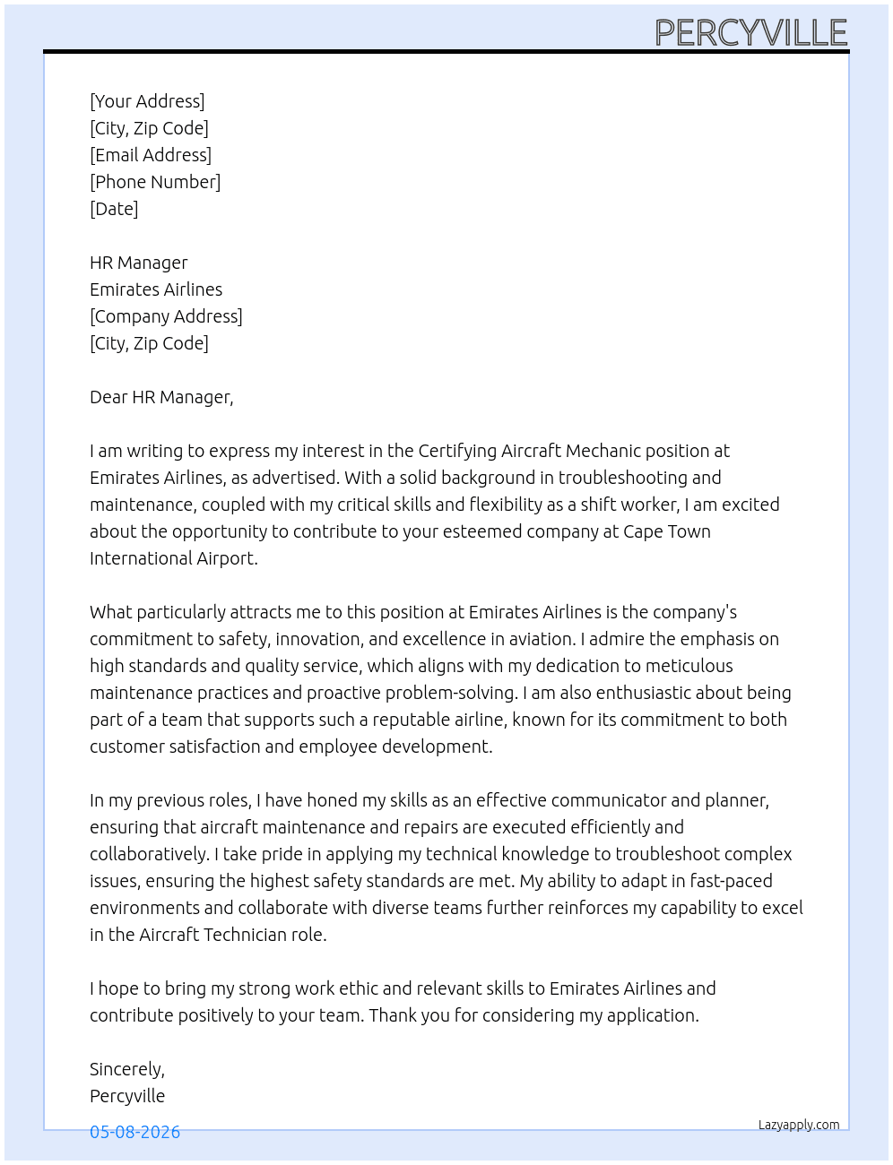 Certifyiing Aircraft Mechanic At Emirates Airlines Cover Letter