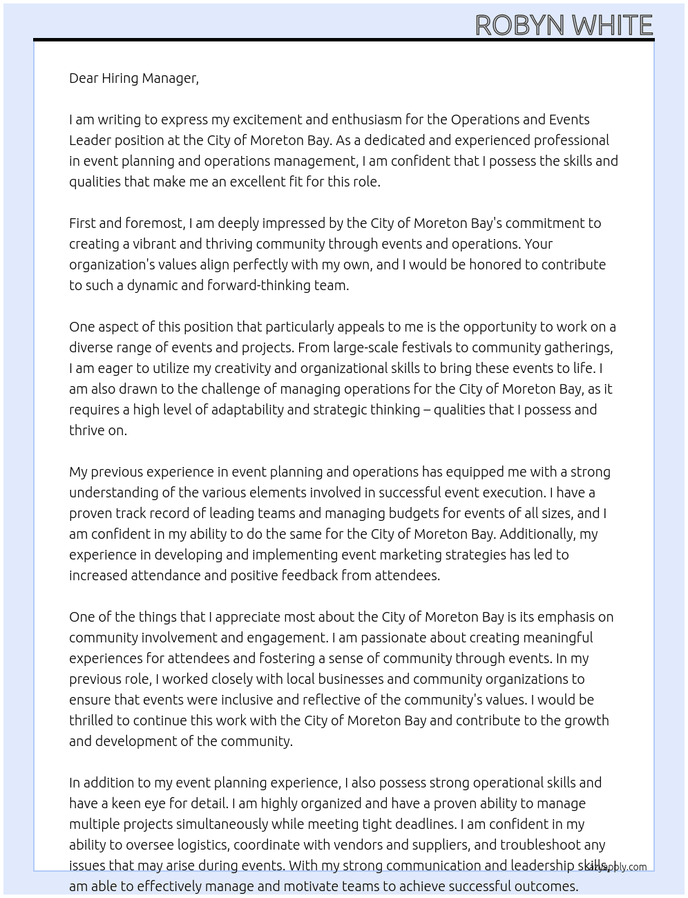 Operations and Events Leader At City of Moreton Bay Cover Letter