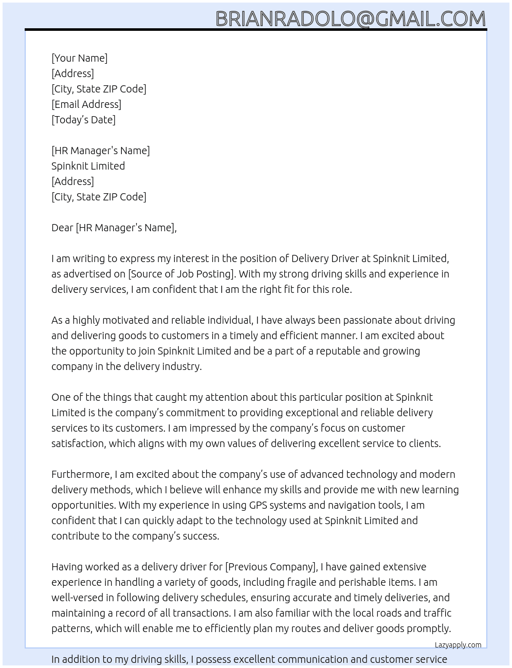 Delivery driver At Spinknit limited  Cover Letter