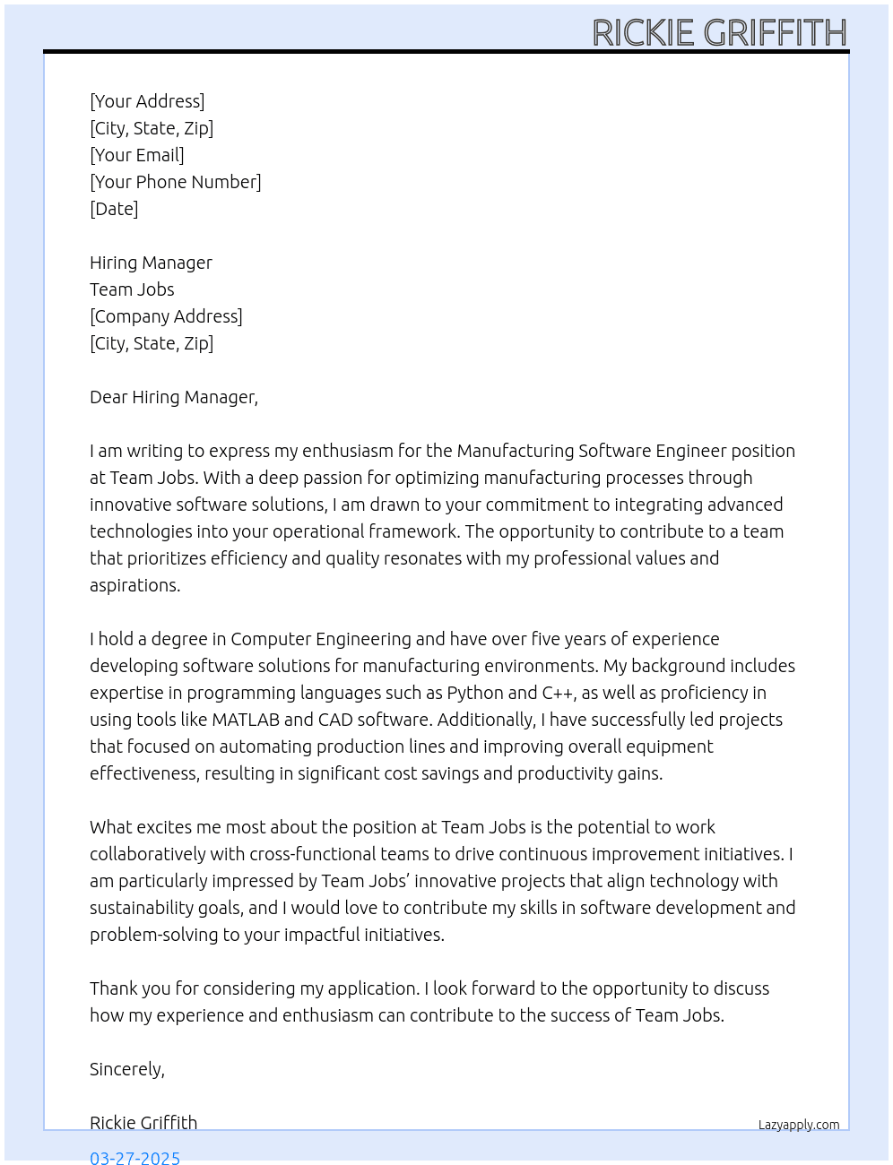 Cover letter for manufacturing software engineer - LazyApply
