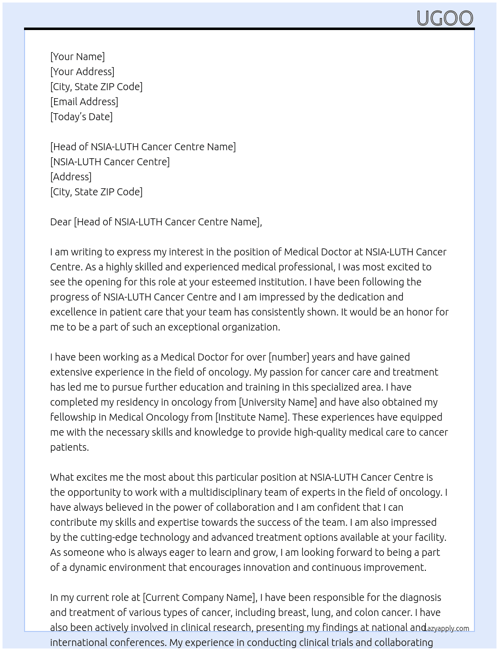 Medical doctor  At NSIA-LUTH Cancer Centre Cover Letter