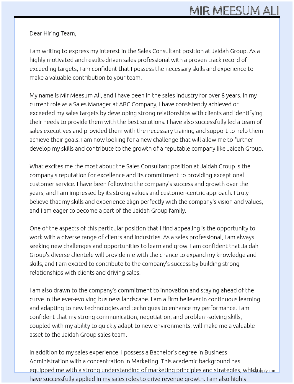 Sales Consultant At Jaidah Group Cover Letter