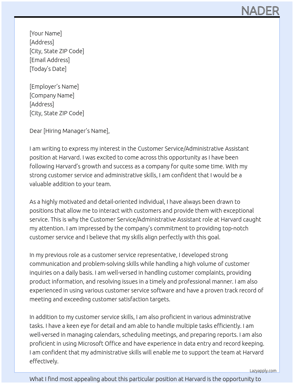 Customer service/administrative assistant At Harvard Cover Letter