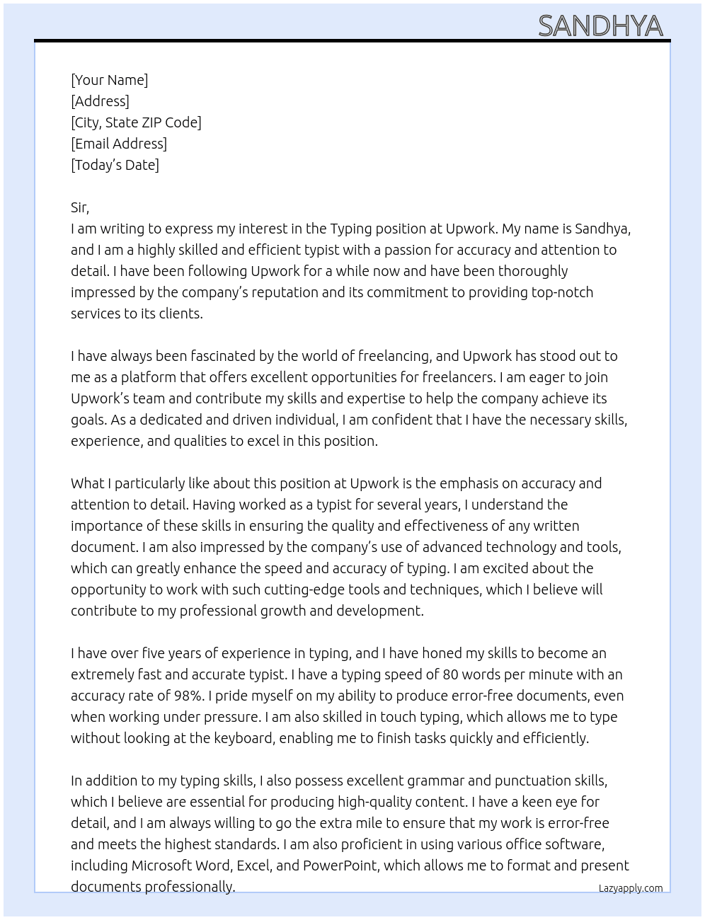 Typing At upwork Cover Letter