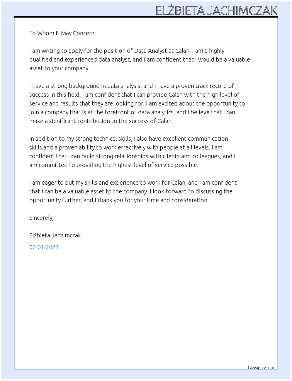 Data analysis At Calan Cover Letter