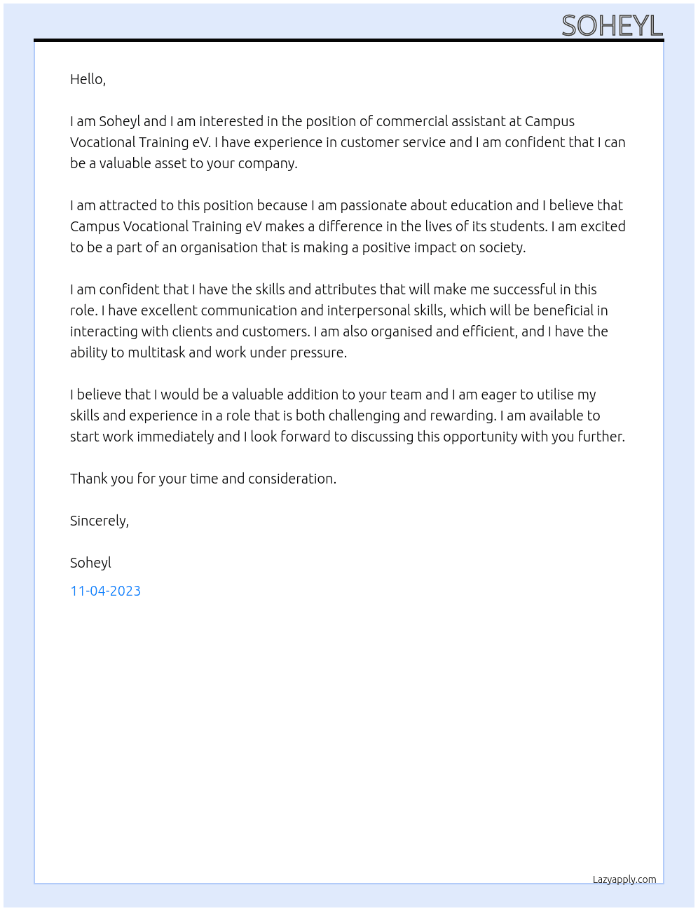commercial assistant  At Campus Vocational Training eV Cover Letter