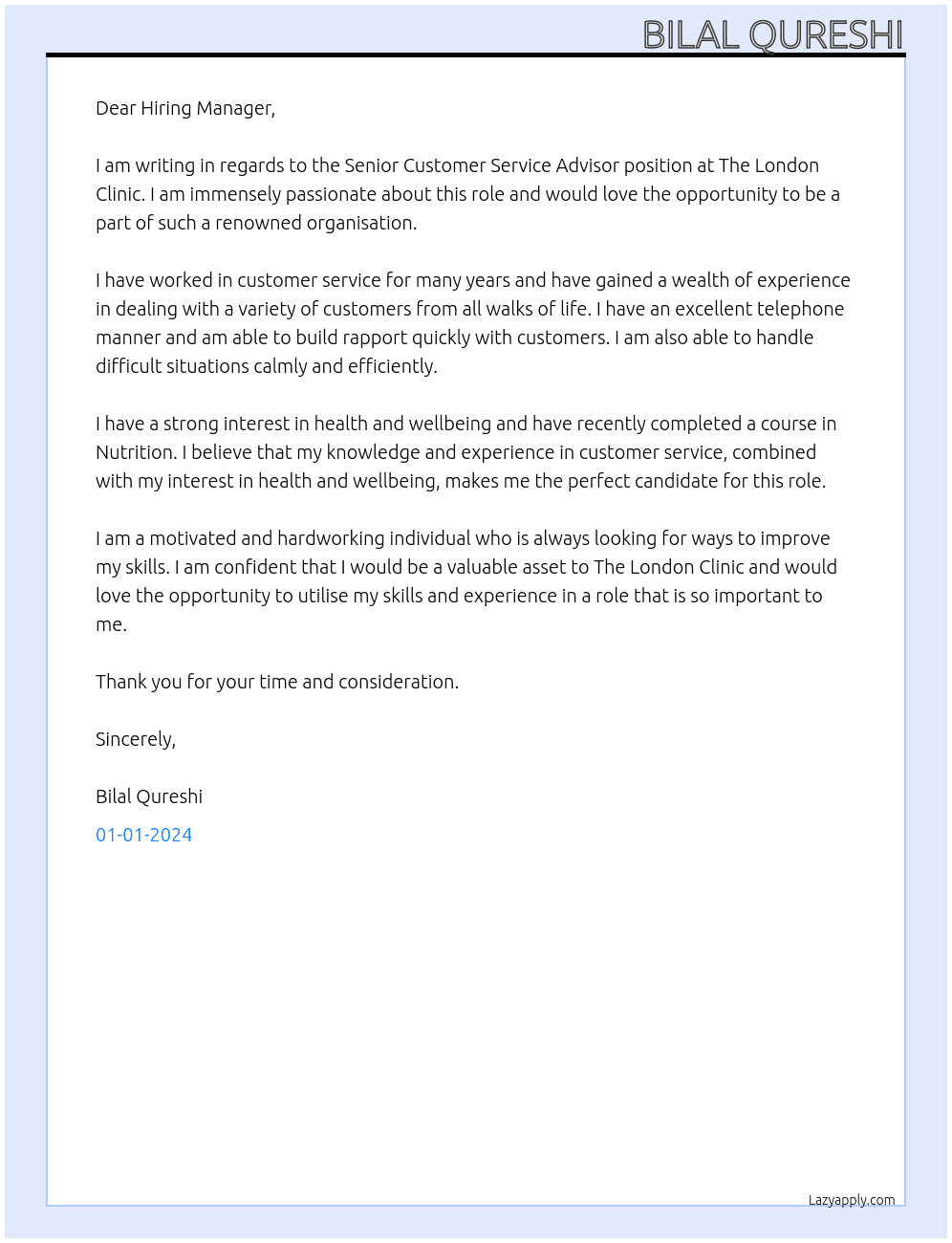 Senior Customer Service Advisor At The London Clinic Cover Letter