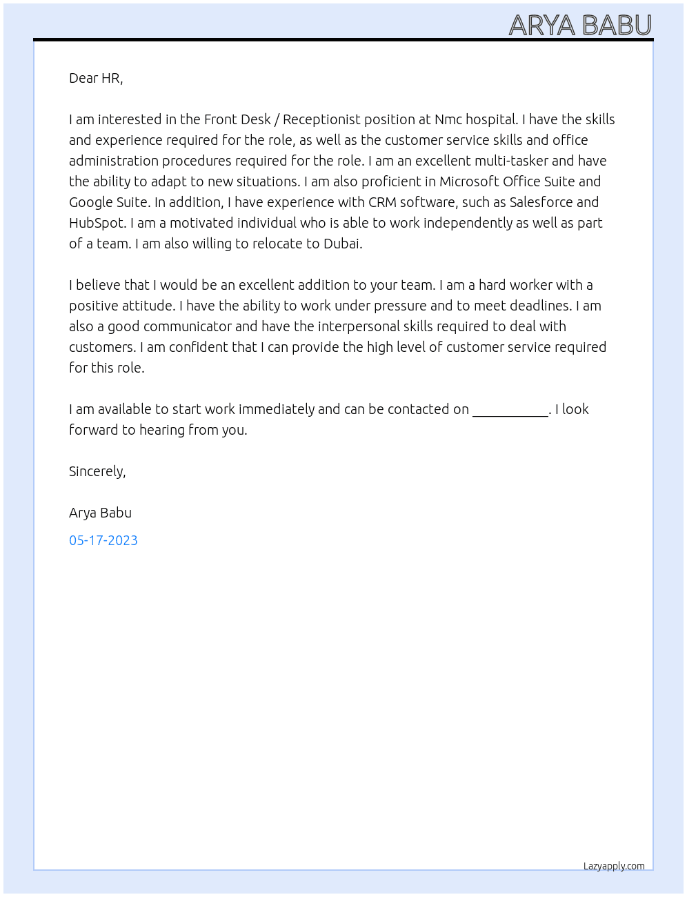 Front Desk / Receptionist At Nmc hospital  Cover Letter
