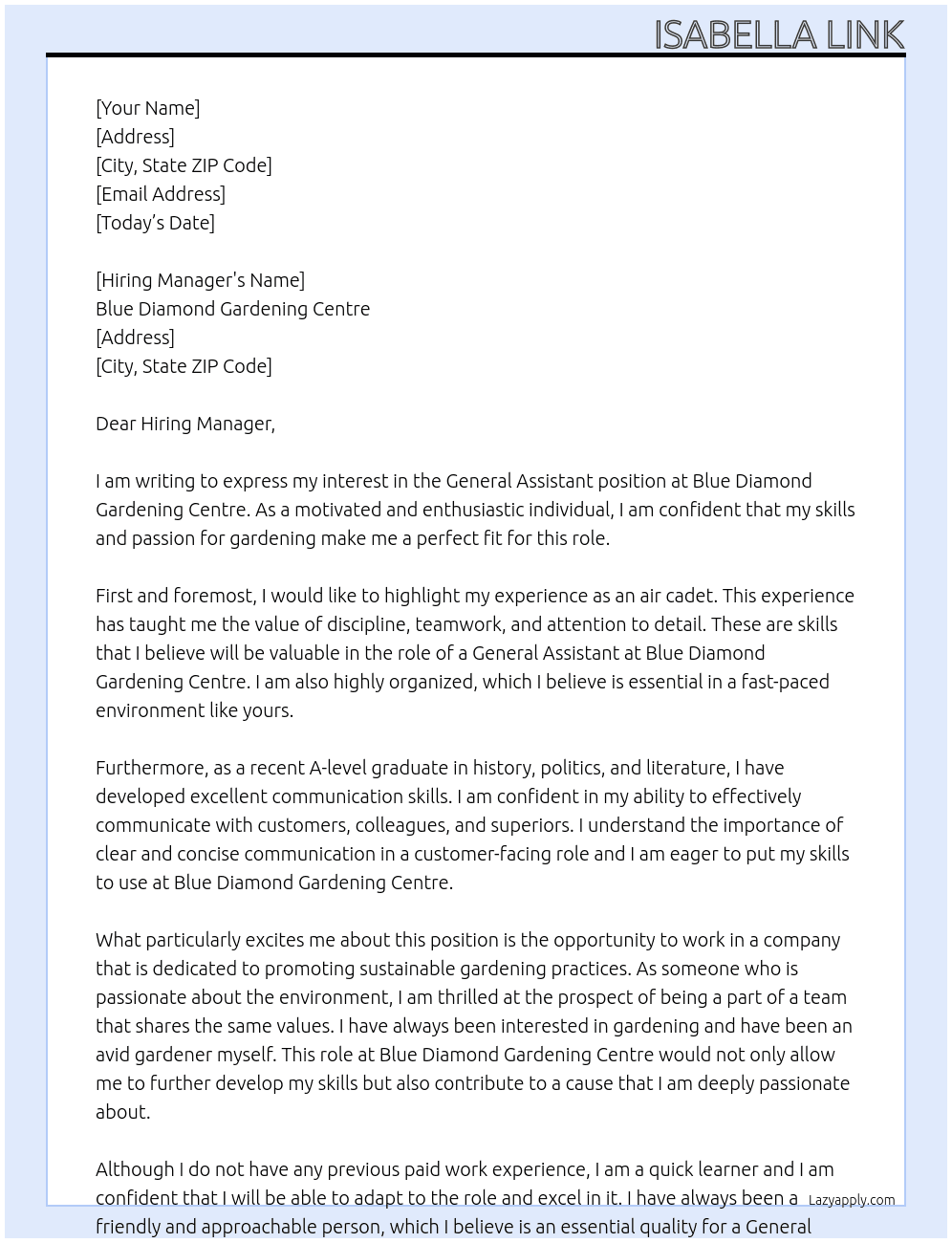 General Assistant At Blue Diamond Gardening Centre Cover Letter