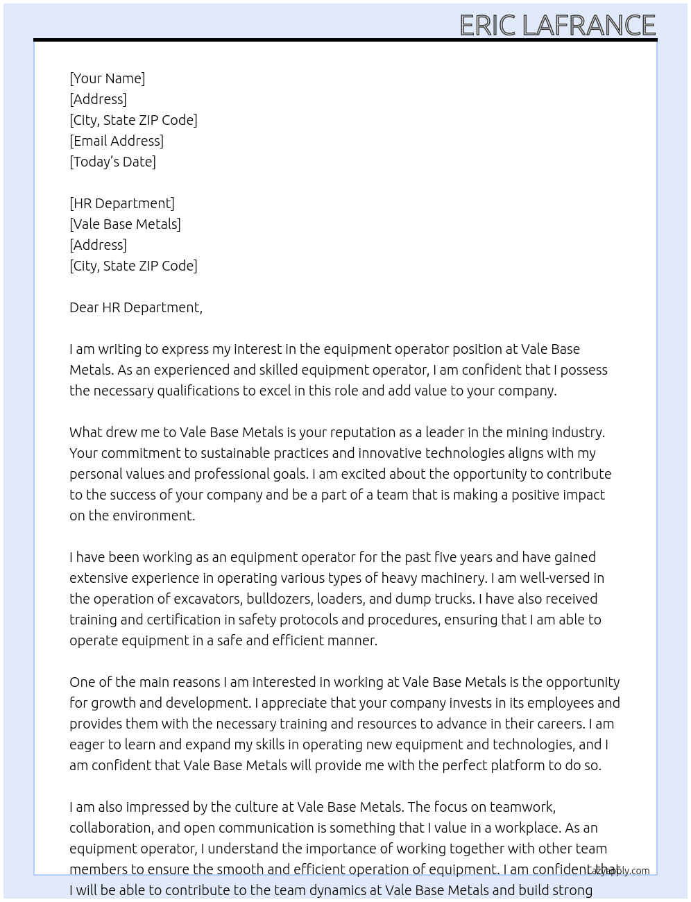 equipment operator At vale base metals Cover Letter