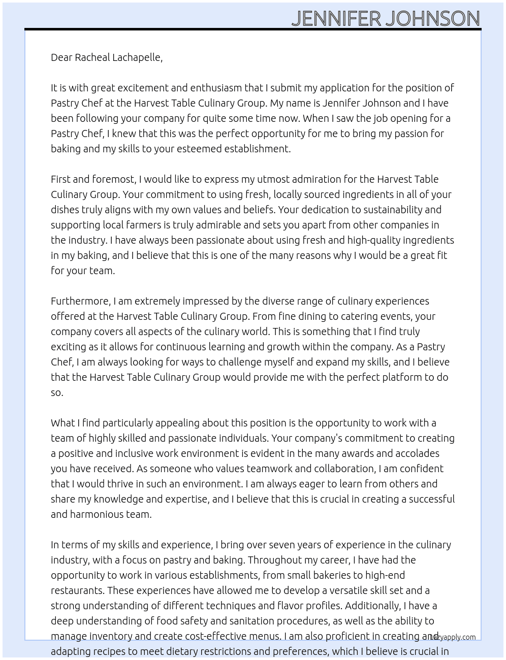 Pastry Chef At Harvest Table Culinary Group Cover Letter