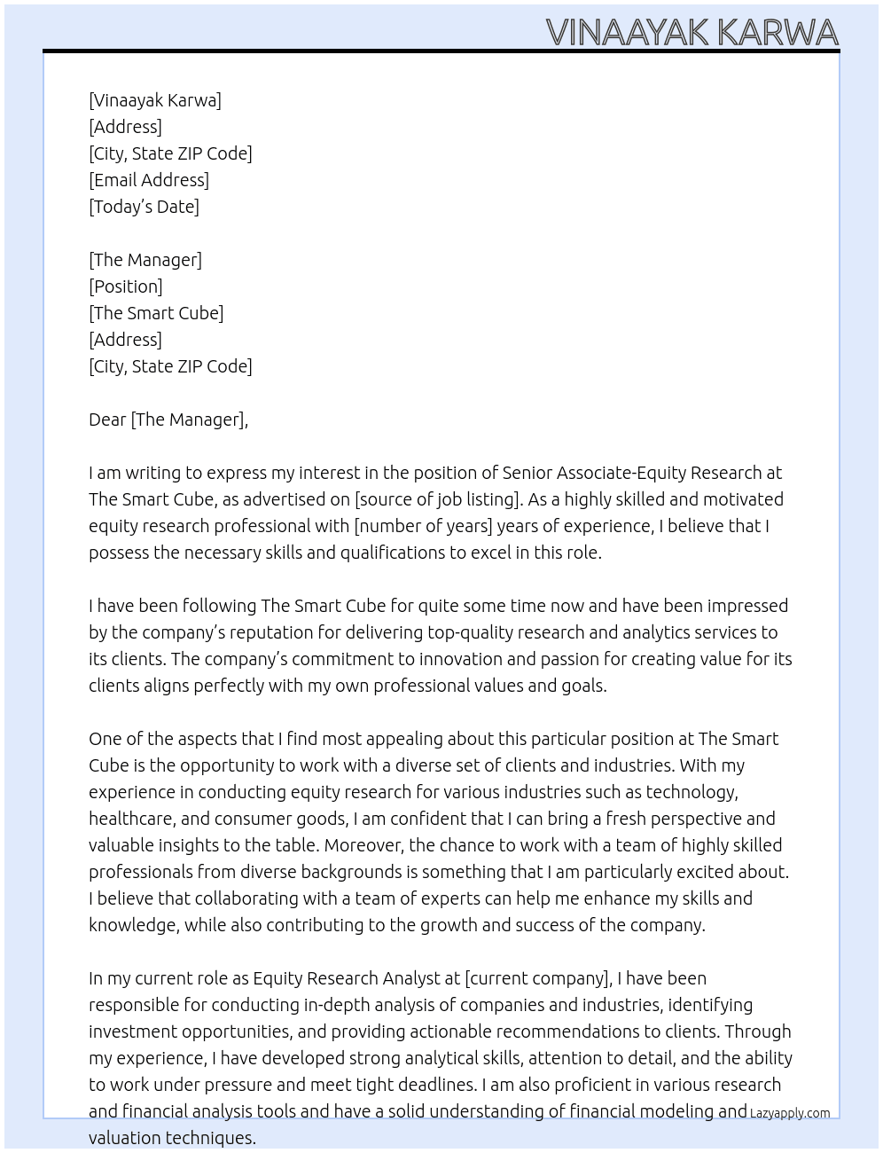 Senior Associate-Equity Research At The Smart Cube Cover Letter