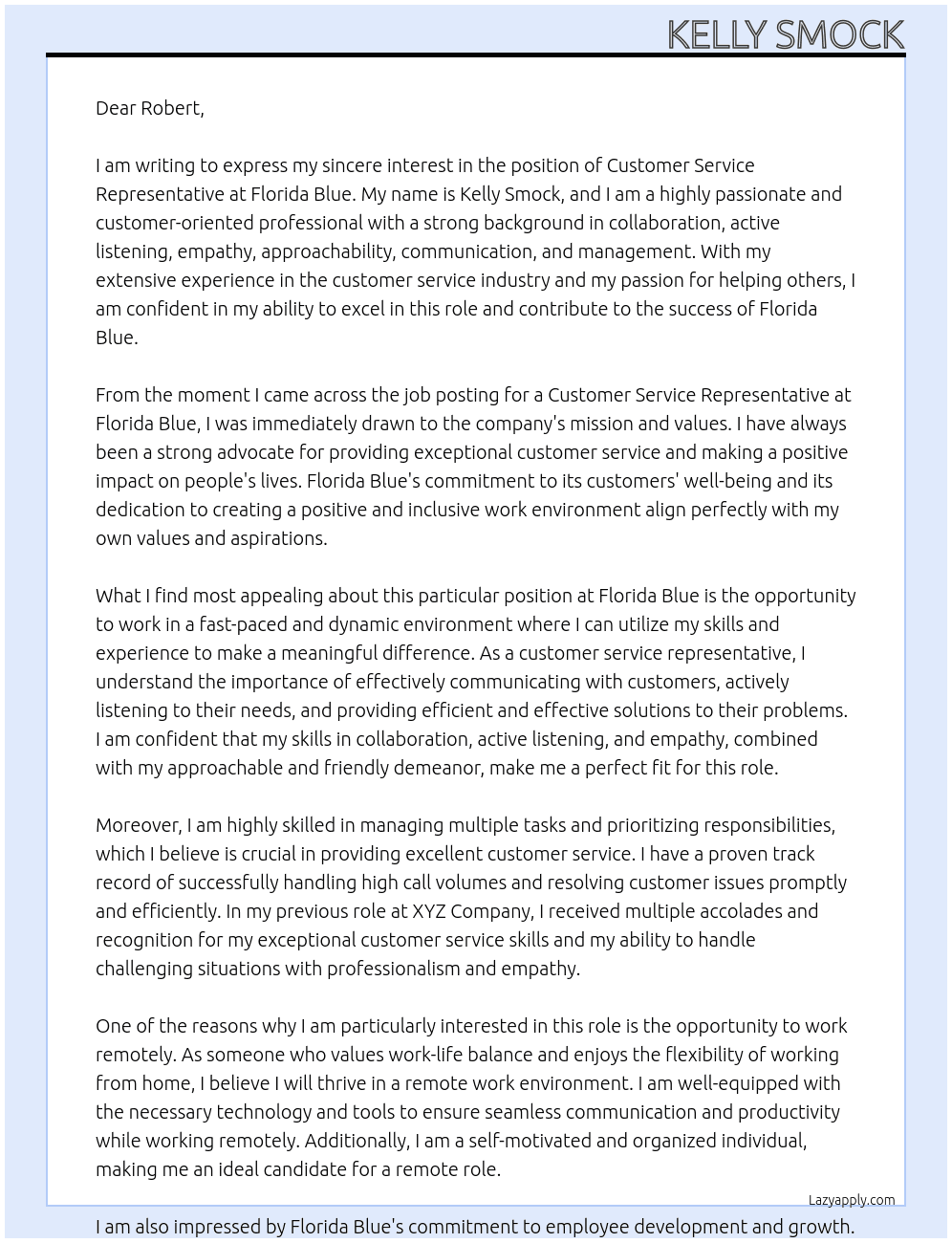 customer service representative At Florida Blue Cover Letter