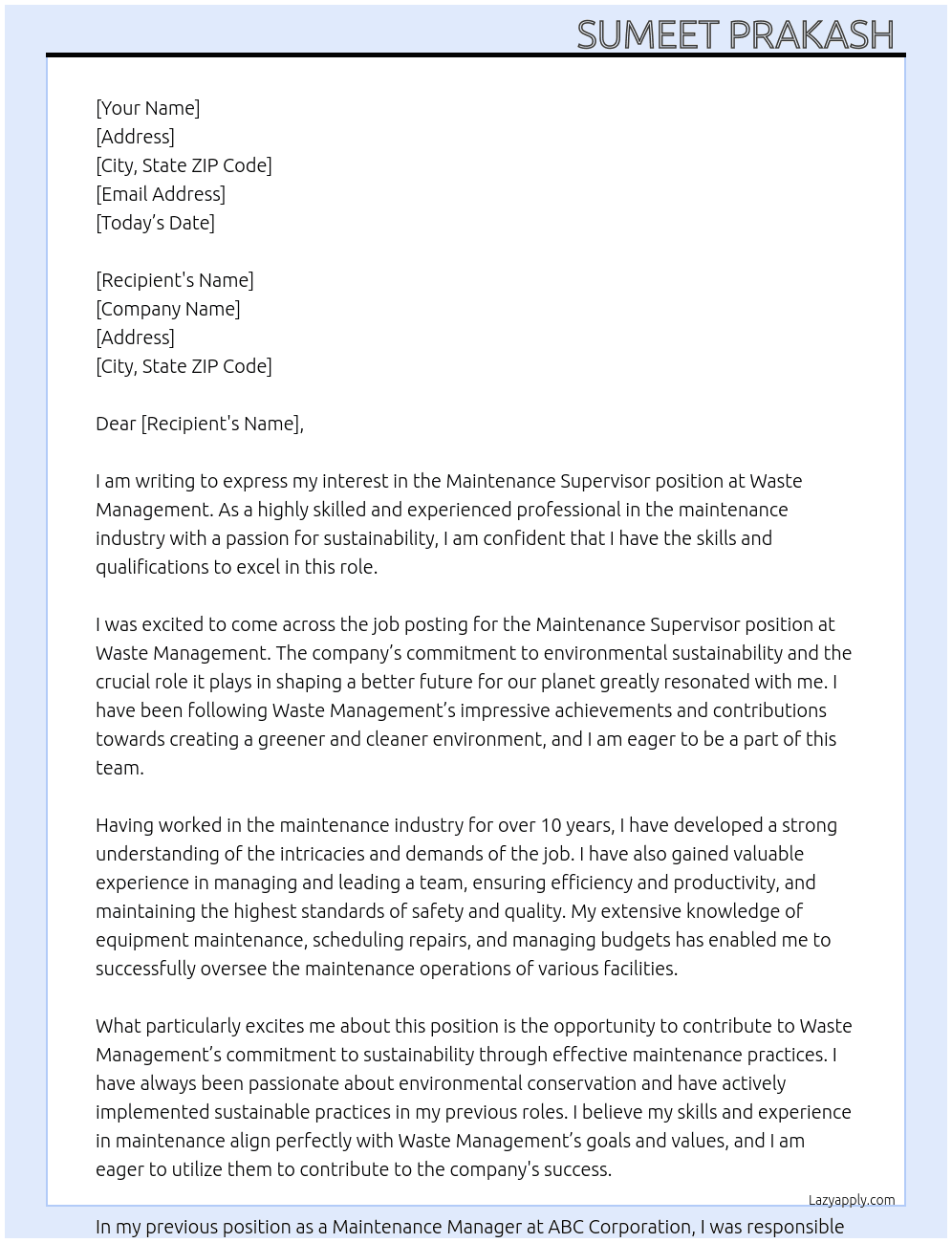 maintenence Supervisor  At Waste Management Cover Letter