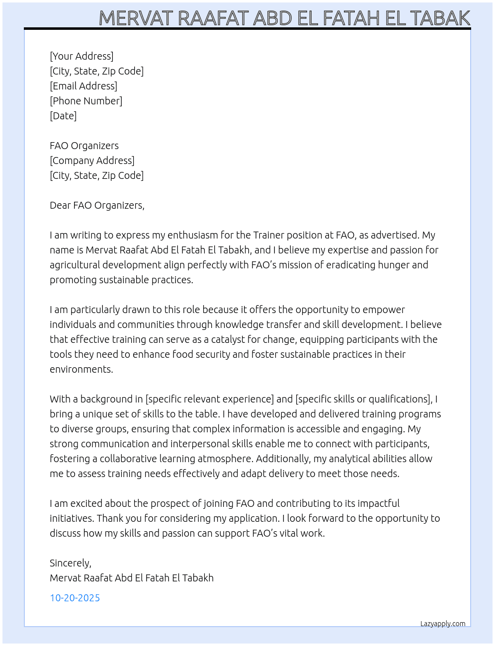 Trainer At FAO Cover Letter