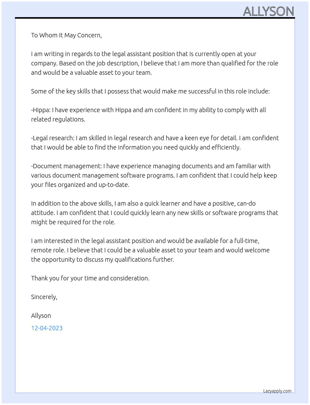 Legal assistant  At Lois  Cover Letter