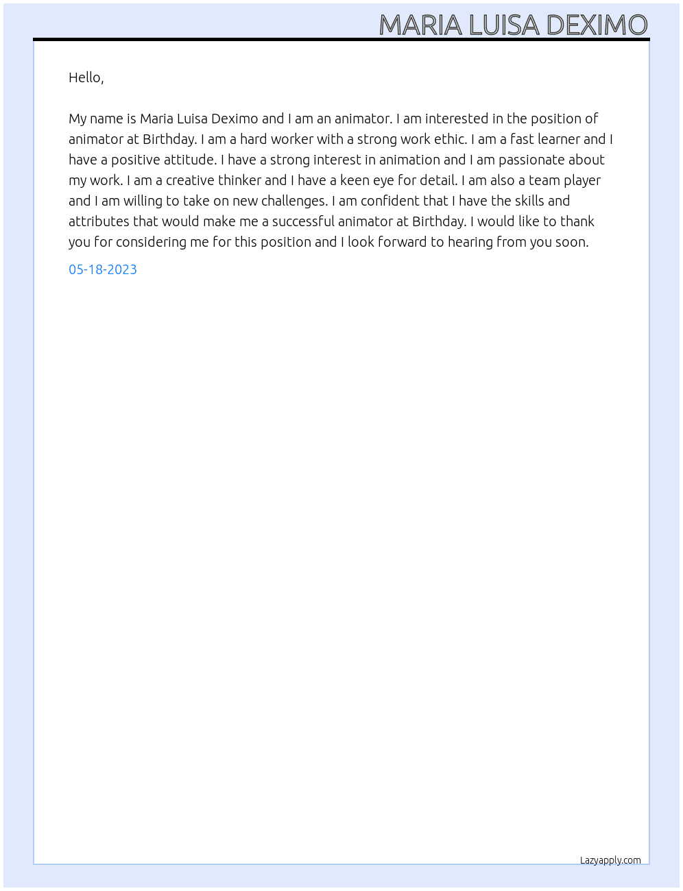 animator At birthday Cover Letter