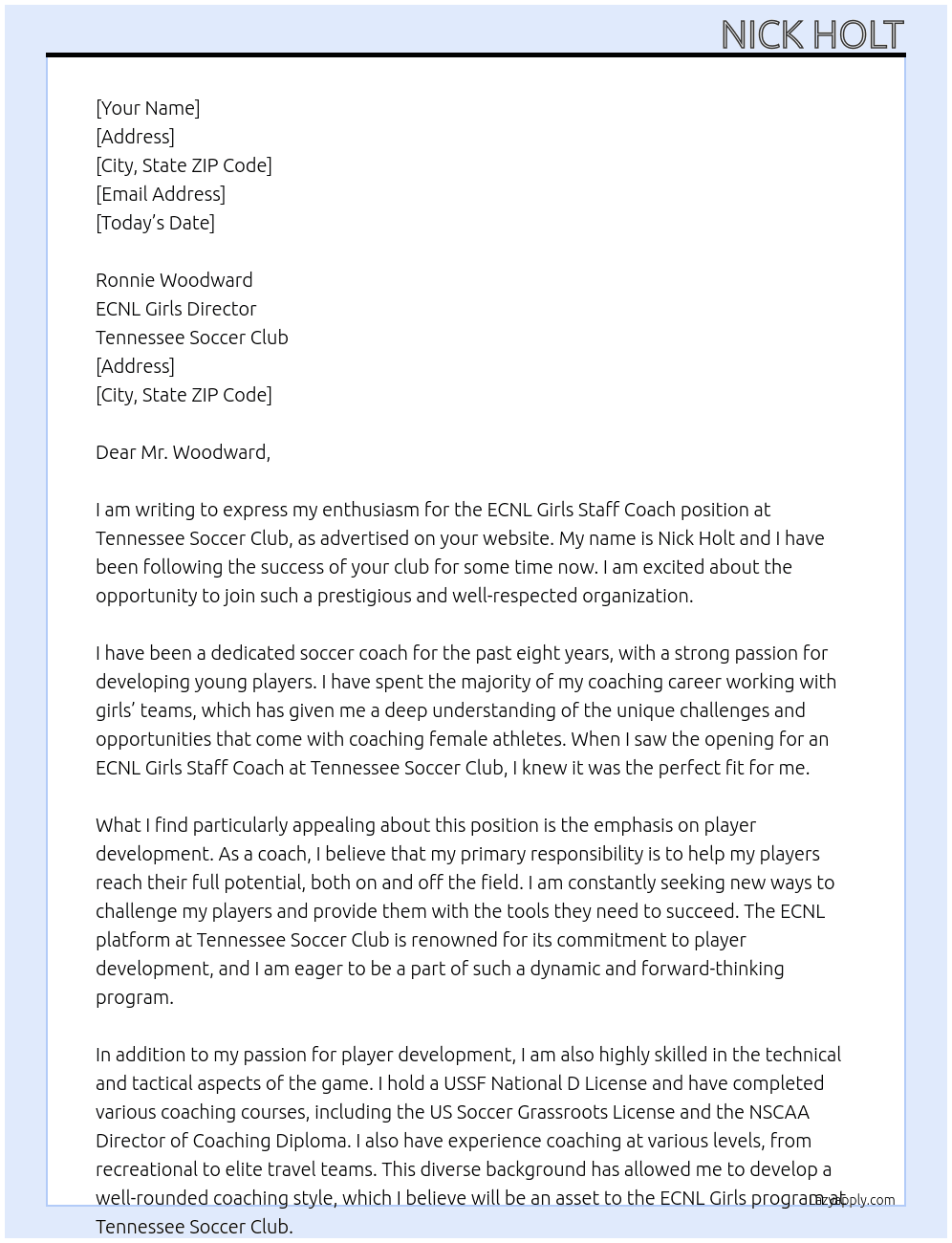 ECNL Girls Staff Coach At Tennessee Soccer Club Cover Letter