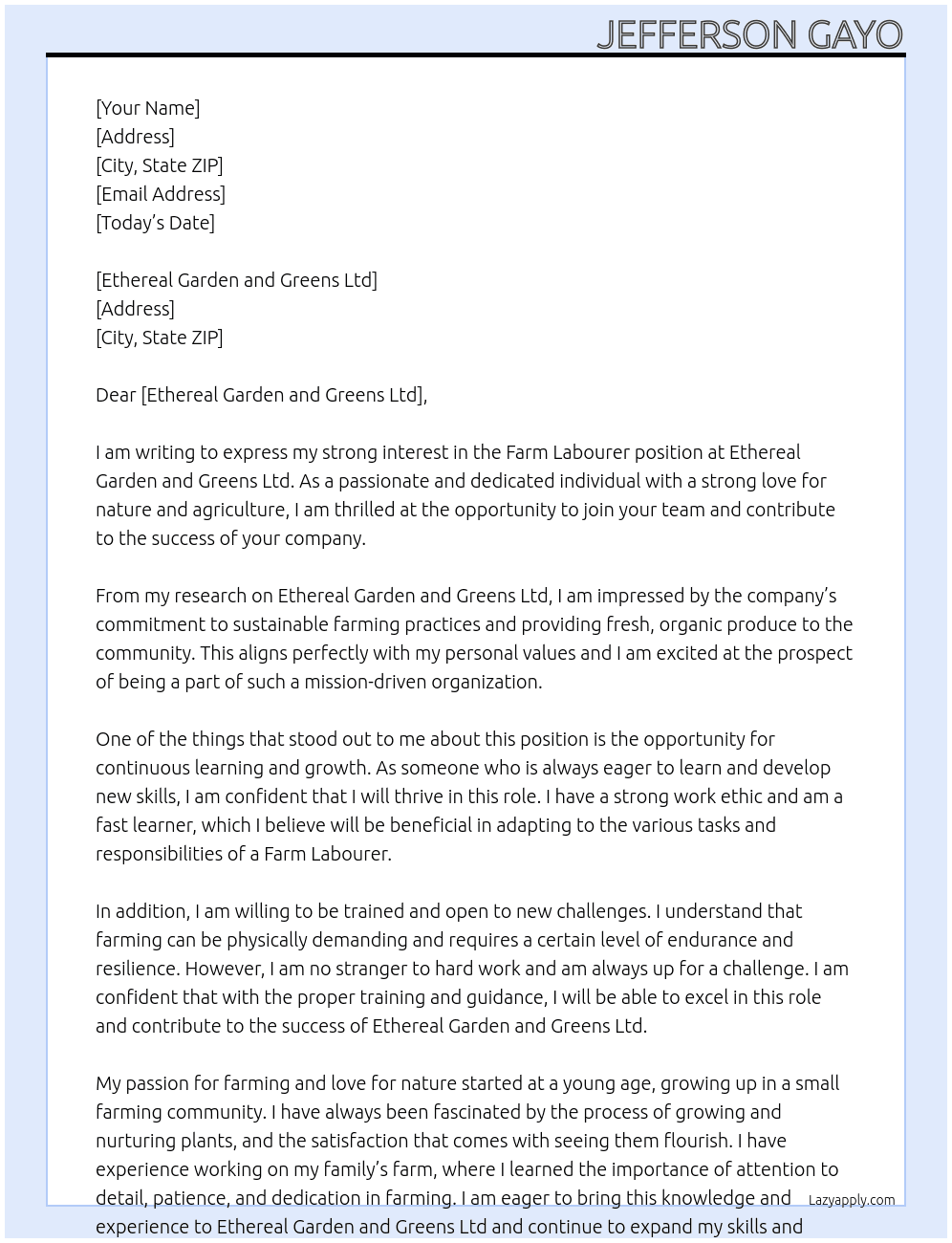 Farm Labourer At Ethereal Garden and Greens Ltd Cover Letter