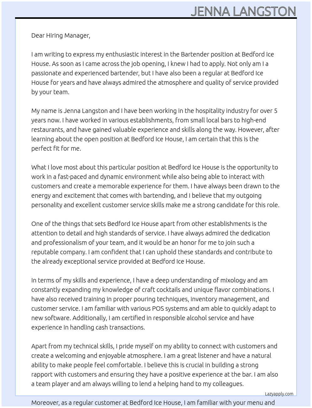 Bartender  At Bedford Ice House Cover Letter