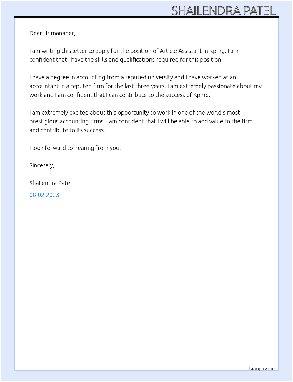 Article Assistant  At Kpmg Cover Letter