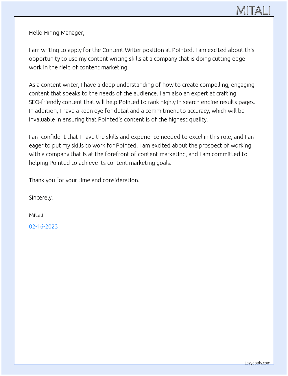 Content Writer  At Pointed Cover Letter