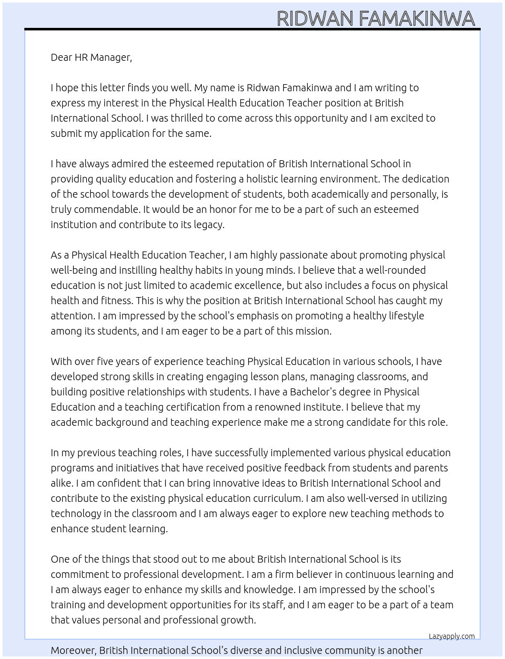 Physical Health Education Teacher  At British International school  Cover Letter
