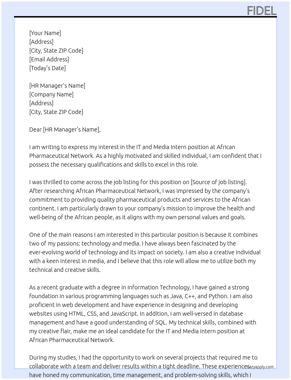 IT and Media Intern At African Pharmaceutical Network Cover Letter