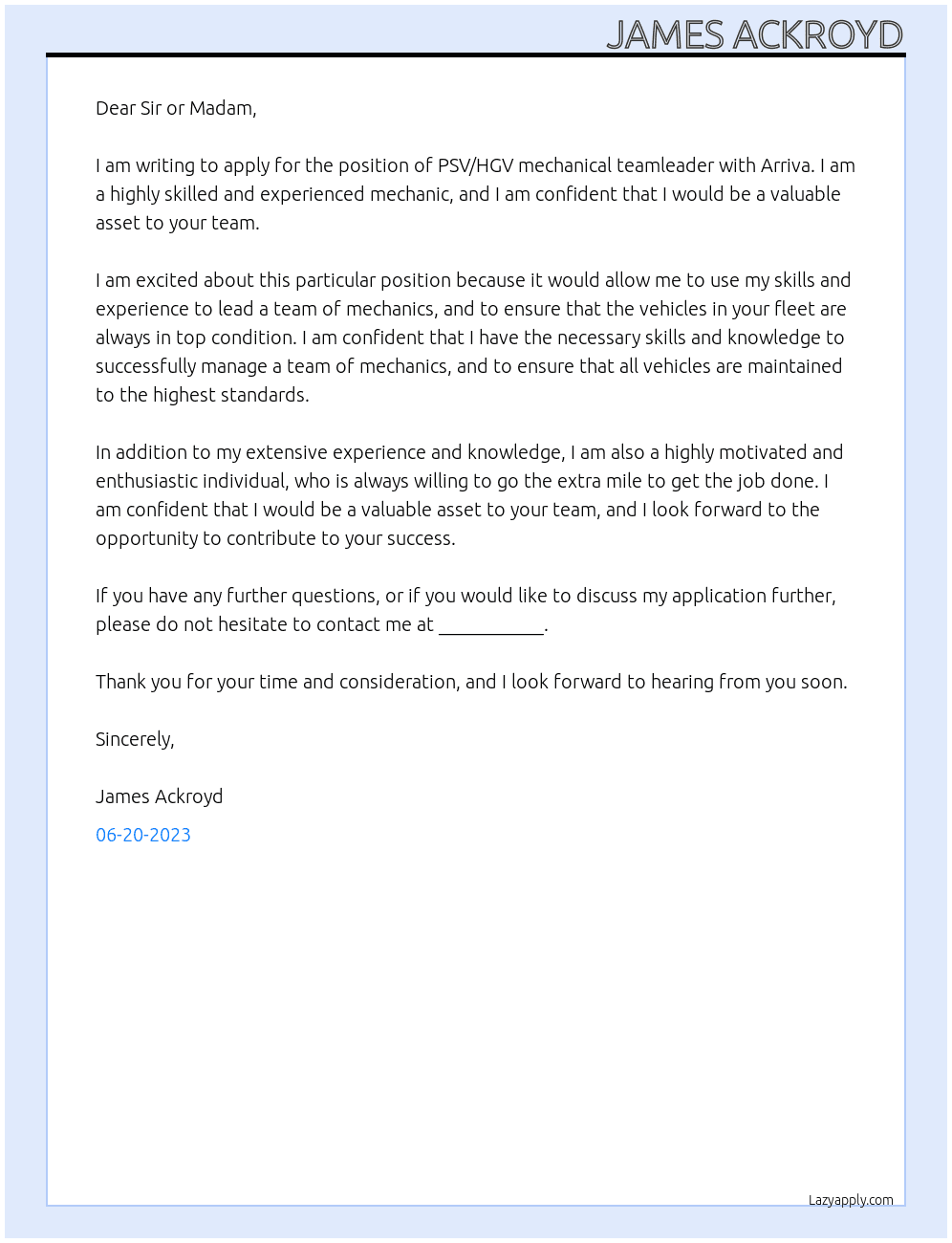 PSV/HGV mechanical teamleader At Arriva  Cover Letter