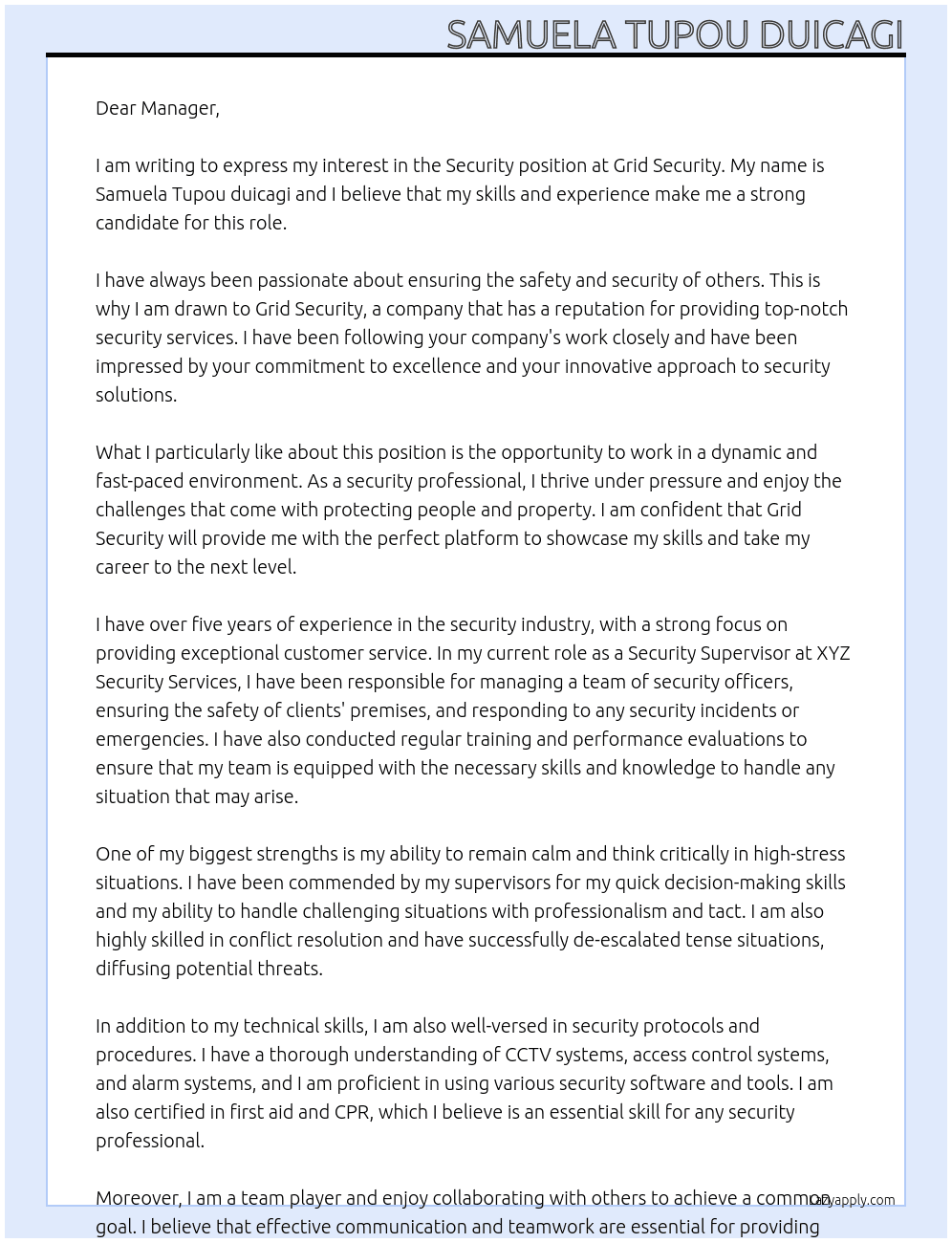 Security  At Grid security  Cover Letter