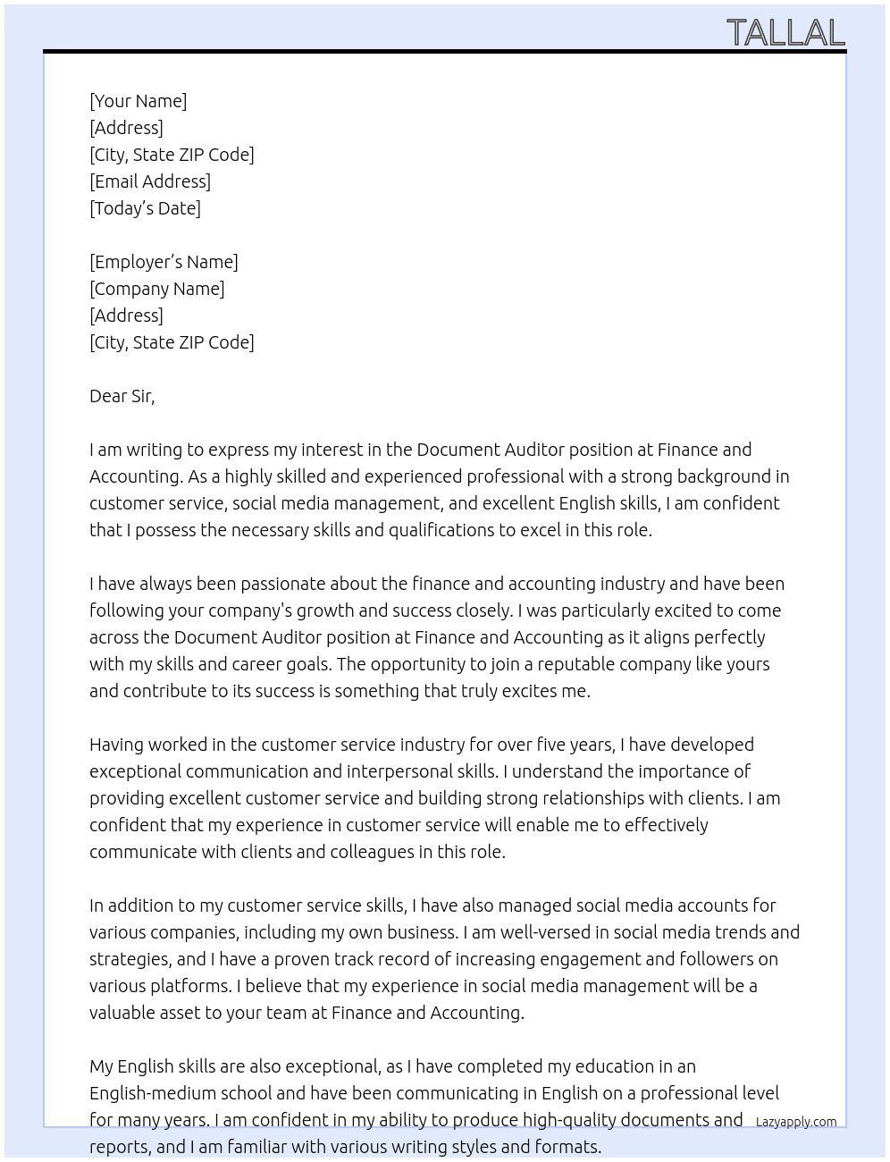 Document Auditor At Finance and accounting  Cover Letter