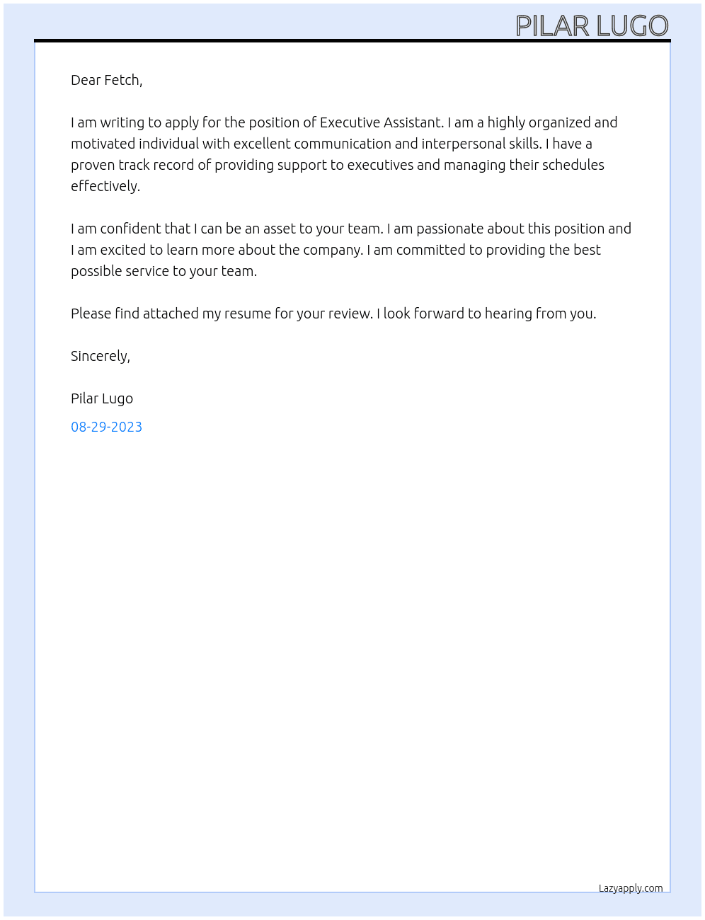 Executive Assistant At Fetch Cover Letter