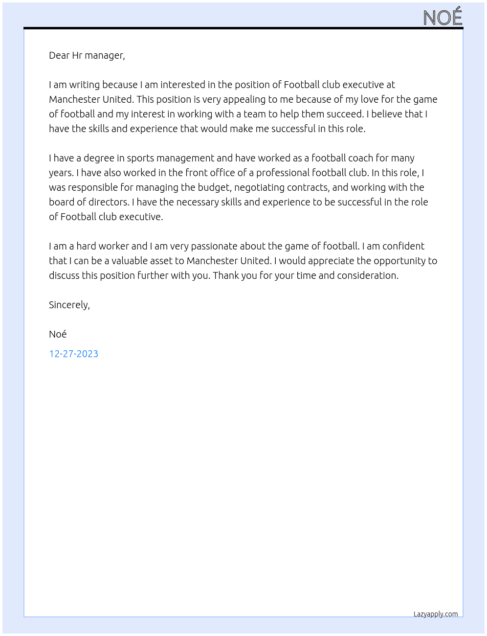 Football club executive At Manchester United Cover Letter