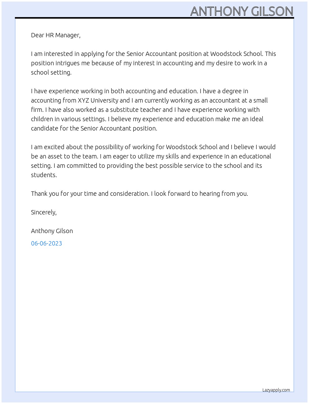 Senior Accountant At Woodstock School Cover Letter