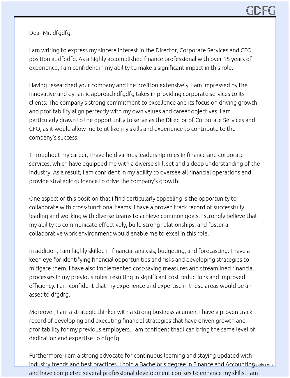Director, Corporate Services and CFO At dfgdfg Cover Letter