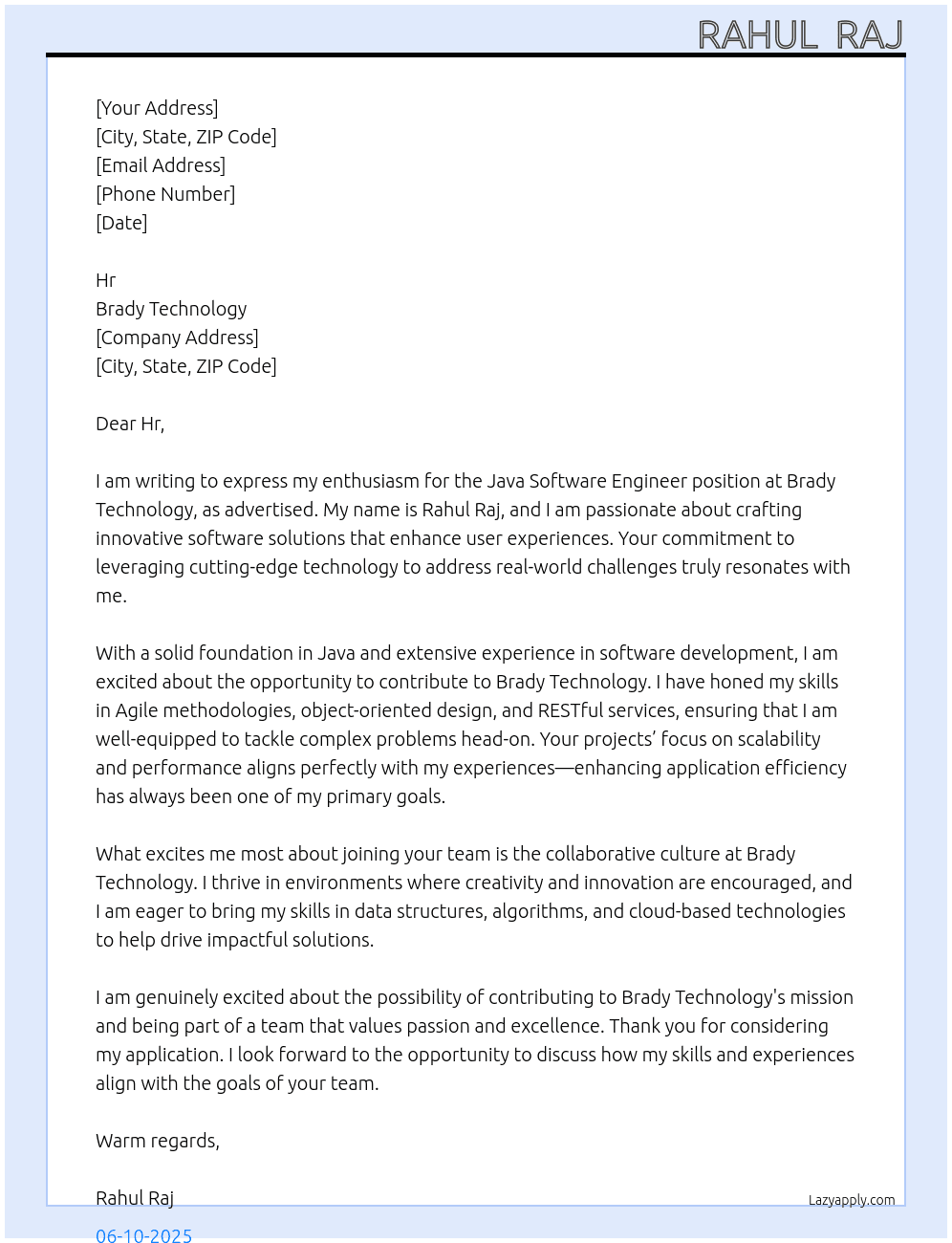 Java Software engineer  At Brady Technology  Cover Letter