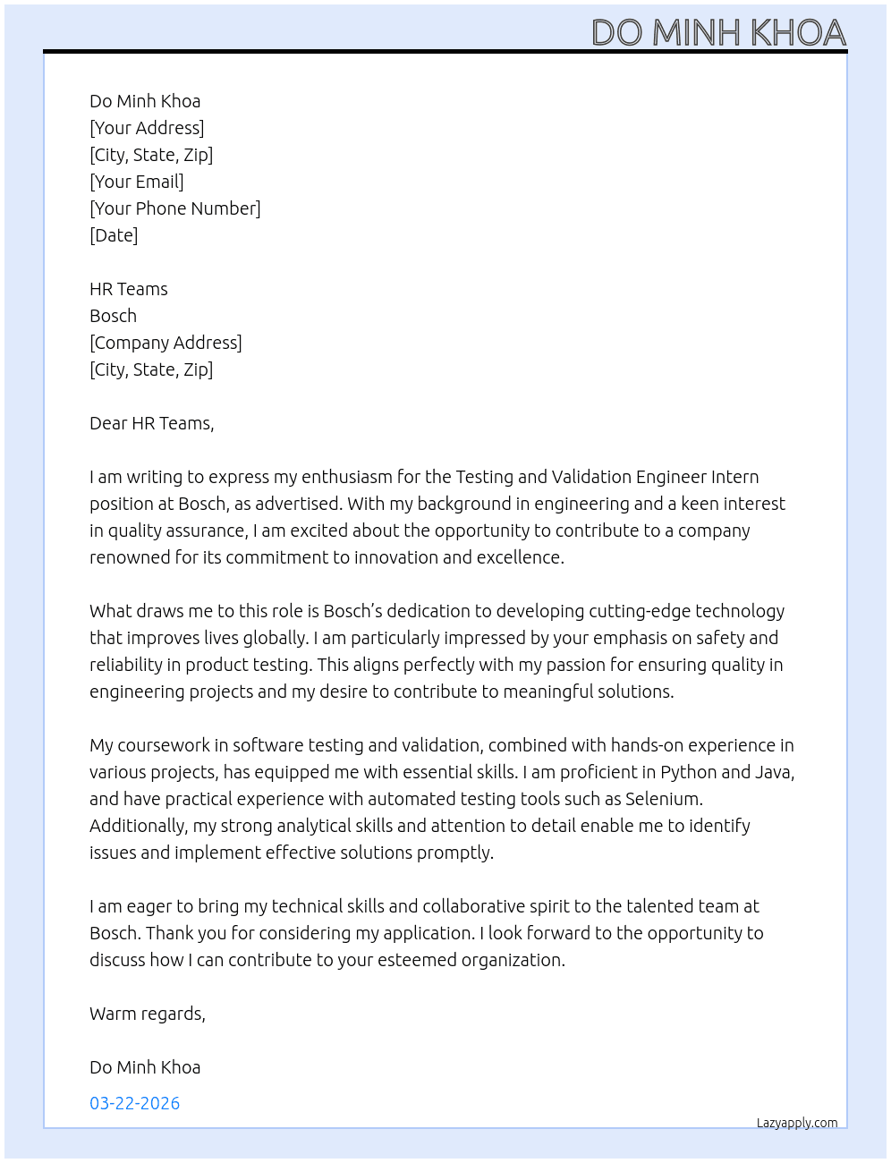 Cover letter for testing and validation engineer intern - LazyApply