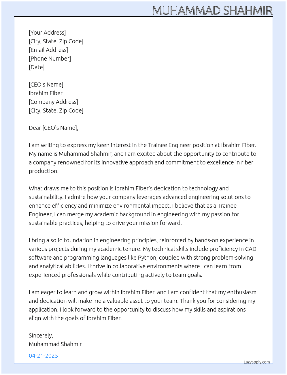 trainee engineer At ibrahim fiber Cover Letter
