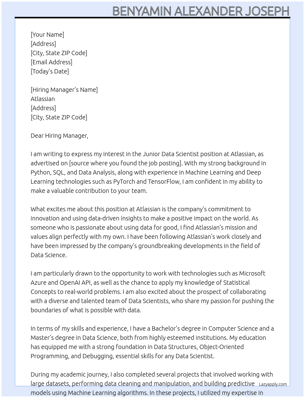 Cover letter for junior data scientist - LazyApply