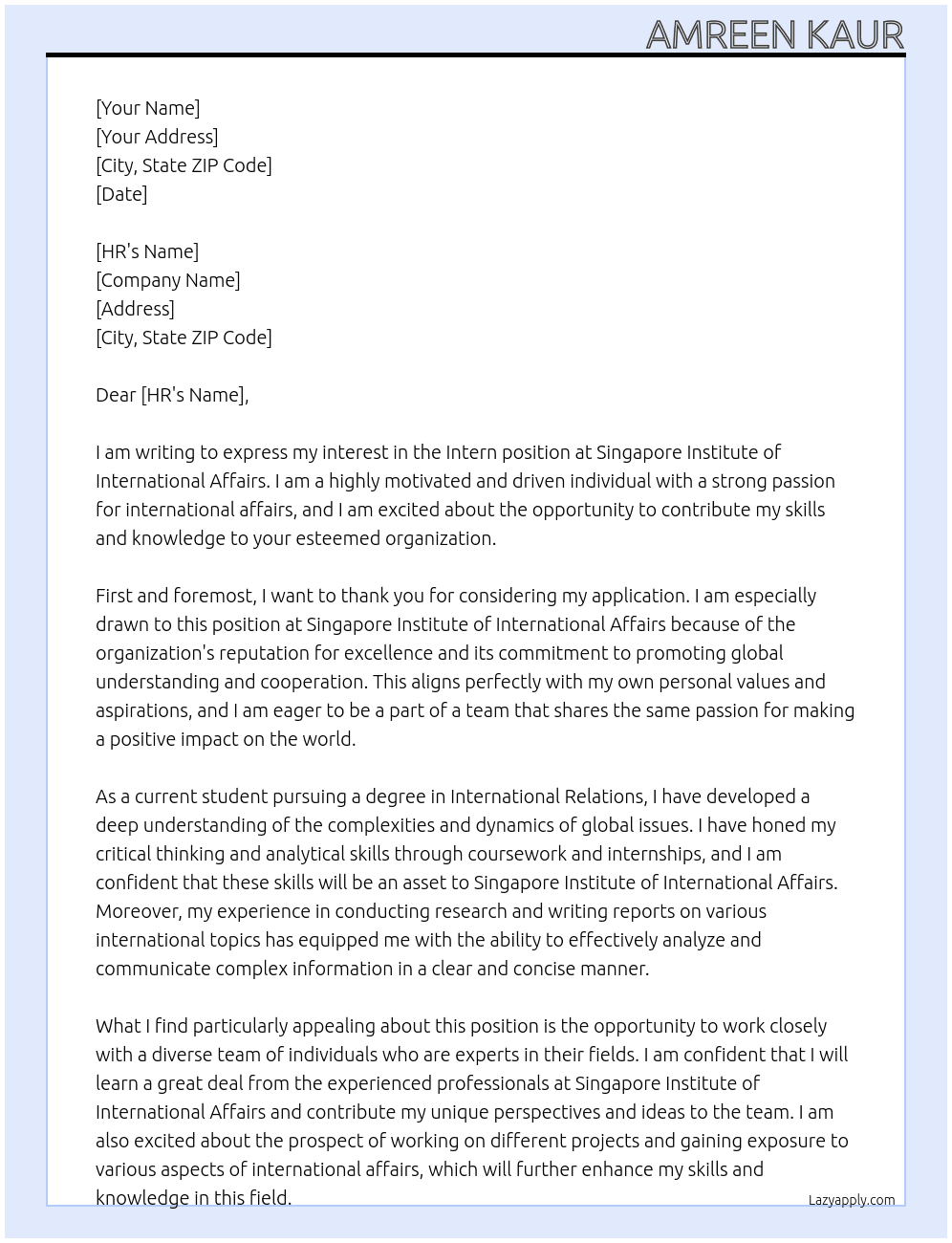 Intern  At Singapore Institute of International Affairs Cover Letter
